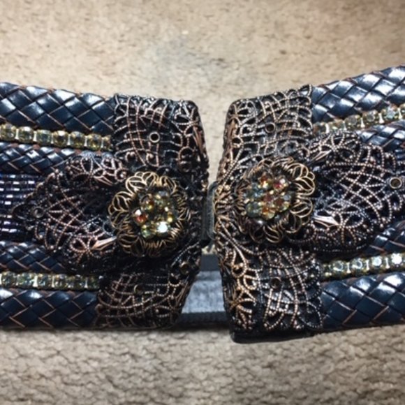 Barrera Beaded Rhinestones Wide Braided Leather BOHO Waist Belt Navy 30\